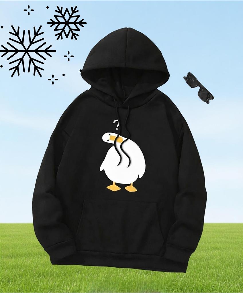 Cute Crooked Duck Graphic Print Hoodie Women's Autumn Winter Top with Pocket Long Sleeve Female Trendy Causal Aesthetic Clothing