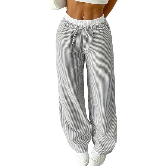 Women Pants Wide-Leg Casual Pants Elastic Waist Adjustable Drawstring Striped Design