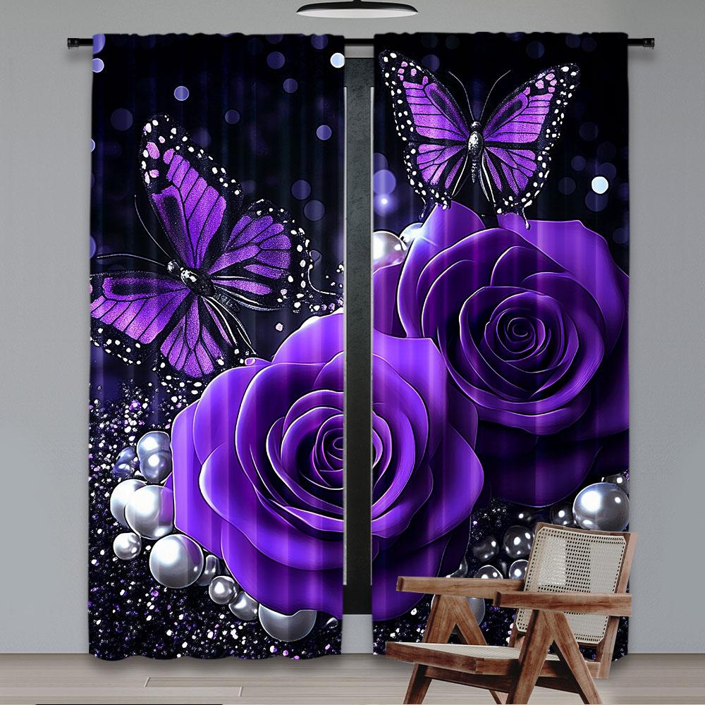 2Pcs Purple Roses Curtains Butterfly Flowers Romantic Valentine'S Day Curtains Adults Xmas Decor Starry Sky Galaxy Dreamy