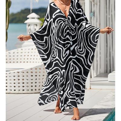 Women's Boho Cover Up, Plus Size Contrast Loose Fit Vacay Beach Kaftan Dress