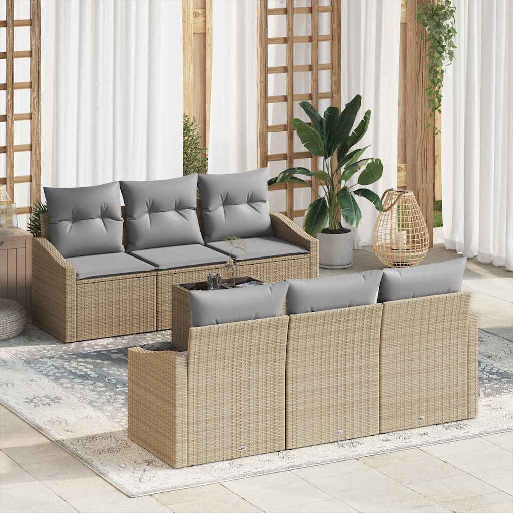 7 Piece Sofa Set with Cushions Beige and Light Grey Poly Rattan