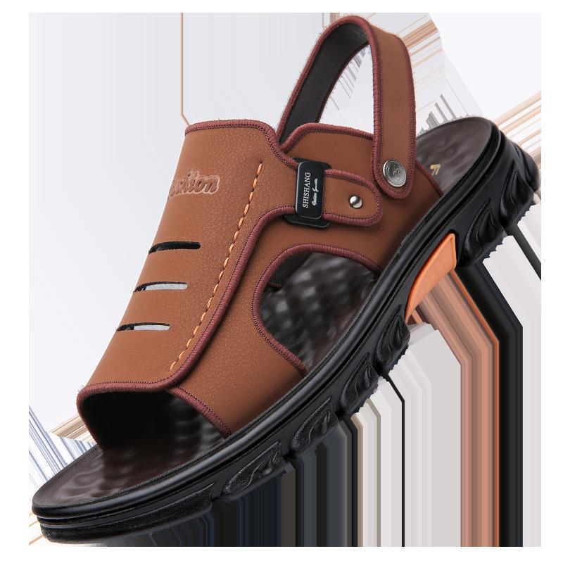 

Мужские кожаные сандалии на мягкой подошве, уличная повседневная пляжная обувь, нескользящие, двойного назначения, крутые шлепанцы 44