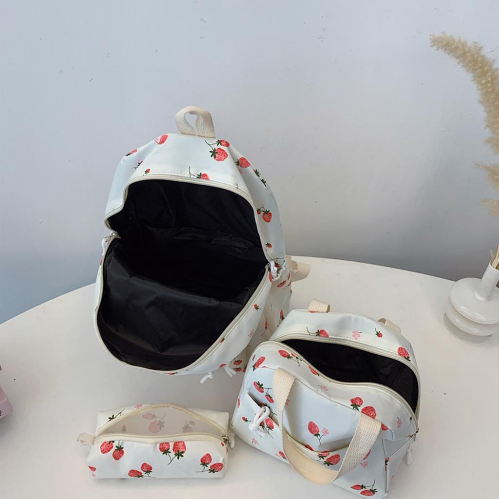 Cute Strawberry Pattern Backpack Set 3Pcs Handbag&pencil Case Reinforced Nylon Dual Zipper School Essentials Lightweight Commute