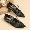 Fashion polka dot lace flat shoes woman pointed toe lace up summer shoes breathable mesh loafers women cutout mocasines big size 43