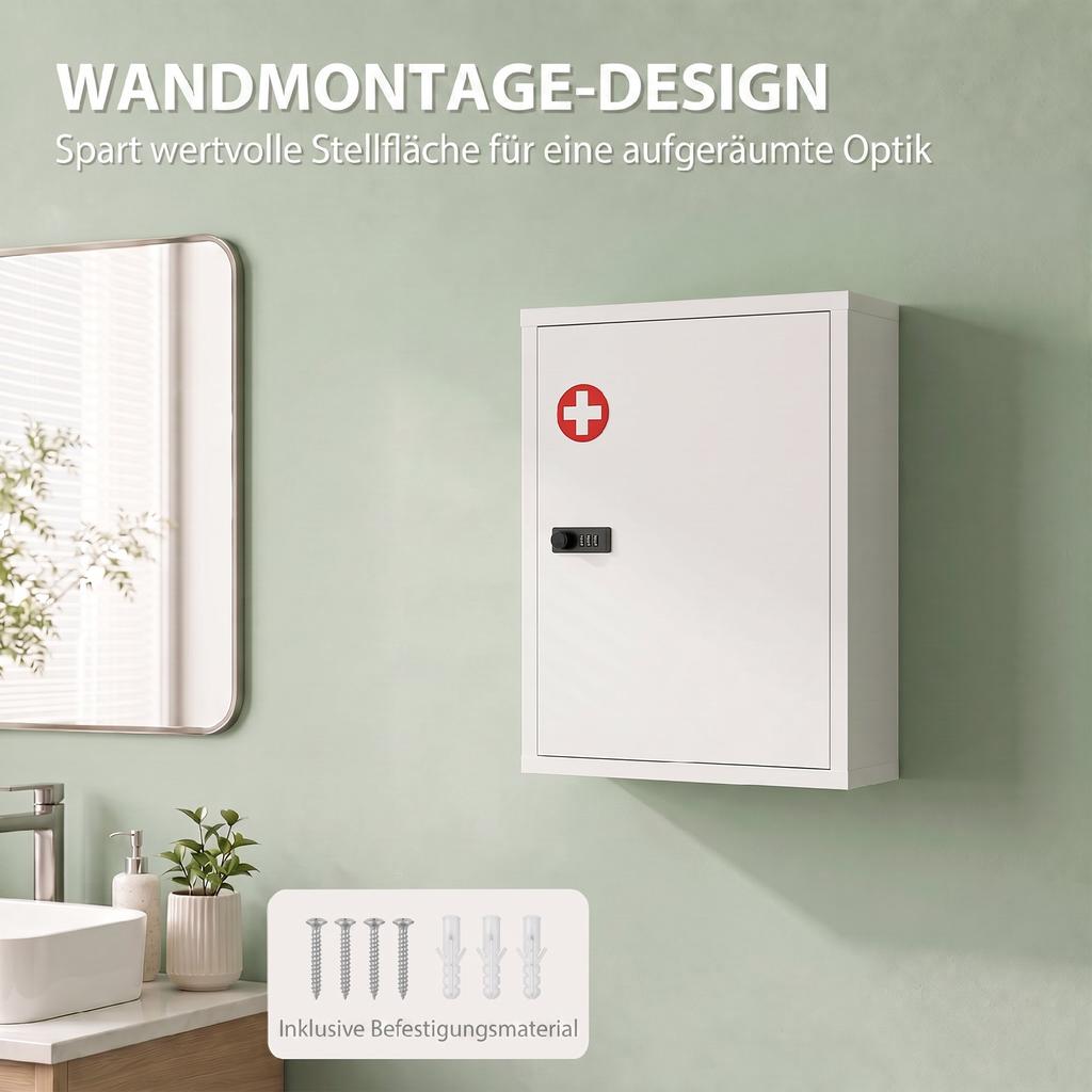 Wall Mount Medicine Cabinet, Bathroom Cabinet with Combination Lock, Door and Storage Shelves, White