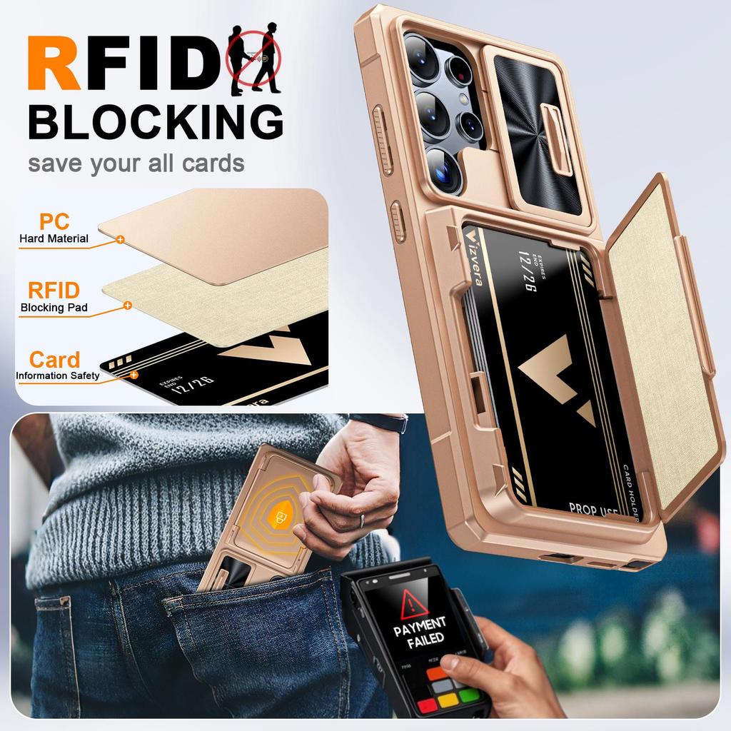 With Card Holder Sliding Camera Cover And Stand For Samsung Galaxy S25 Ultra Phone Case, Anti-Fall PC+TPU Wallet Case-Champagne