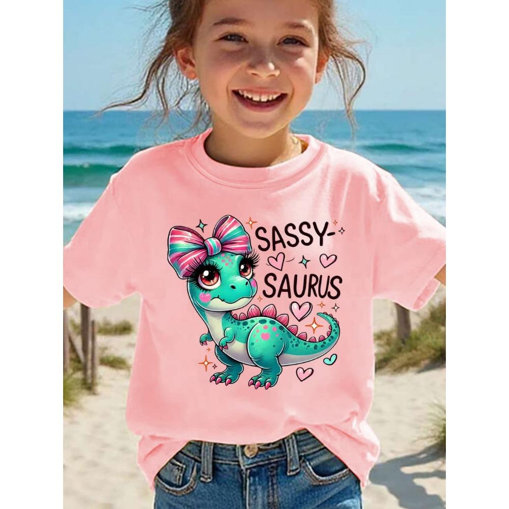 Детская Кавайная Мультяшная Футболка с Принтом Динозавра Милая Розовая Футболка с Бантом и Сердечками Детская Футболка с Коротким Рукавом Y2k Детская Одежда 110
