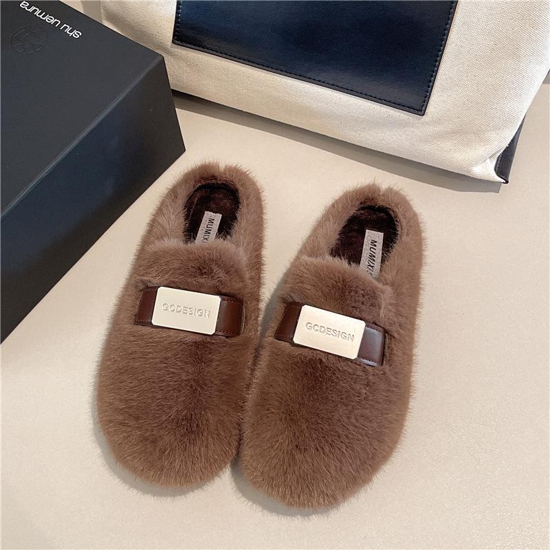 Internet Celebrity Mao Mao Slippers Women's Shoes 2025 Autumn and Winter New Wear Lazy Flat Bottom One Pedal Bag Head Cotton Slippers
