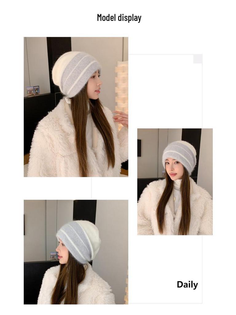 Korean Colorblock Rabbit Fur Fleece-Lined Beanie with Ear Protection – Elegant Women's Knit Hat for Cold Weather