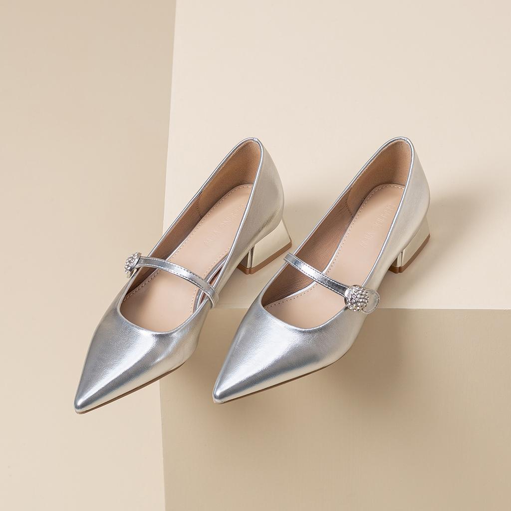 Silver Mary Jane Single Shoes Spring and Summer 2025 New Pointed Low Thick Heel Women's High-end Sense One-word Shoes