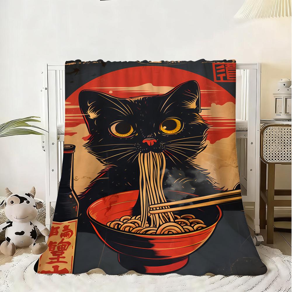 Black Cat Ramen Throw Soft Flannel Blanket Warm Knee Skin-Friendly Throw for Sofa Office Bed Traveling Winter Oversize