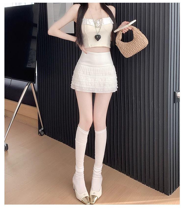 Chic Elastic Waist Pleated White Lace Skirt - Sweet High-Waist, Layered for Autumn/Winter