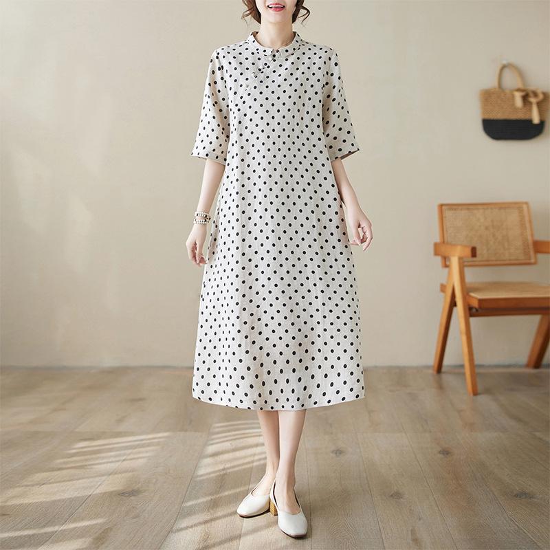 Summer 2026 Cotton Linen Polka Dot A-line Dress for Women