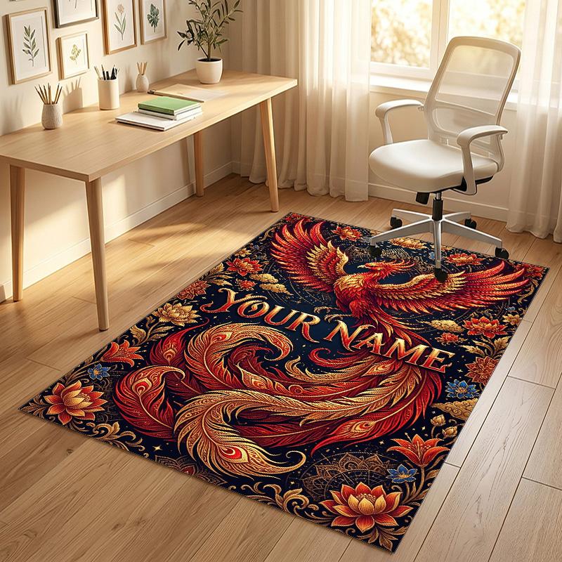 Dragon Phoenix Theme Crystal Velvet Rug Personalized Custom Name Text Soft Floor Mat Home Decor