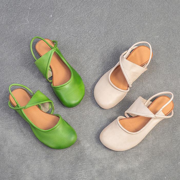 Johnature Genuine Leather Round Toe Comfortable Low Heel Sandals Casual Versatile Women's Shoes