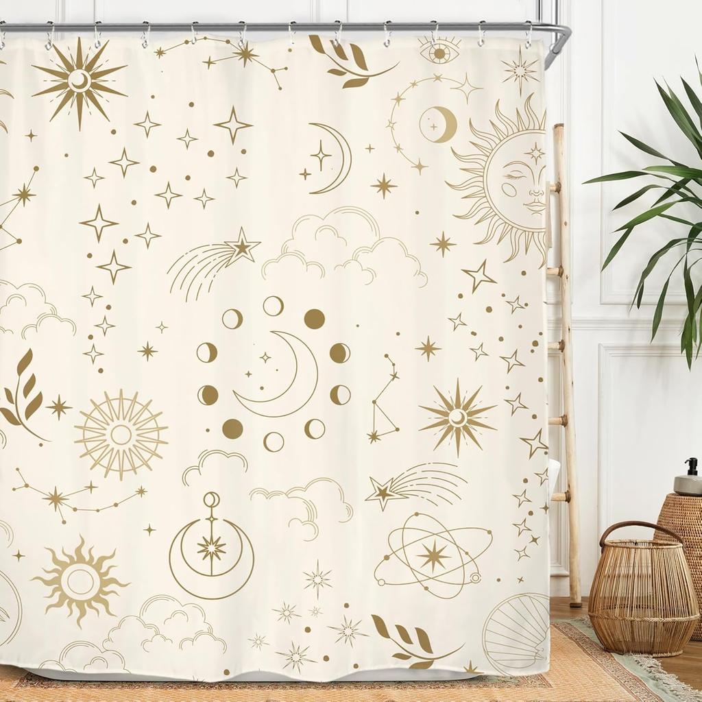 Witchy Gothic Shower Curtain - Moon Phase & Teal Wildflower Design,Mysterious Night Botanical Polyester,60x71 Inch with 12 Hooks