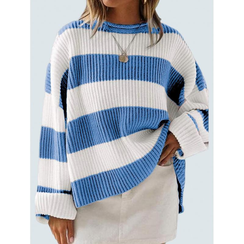 Women's Blue and White Stripe Loose Fit Long Sleeve Crew Neck Sweater