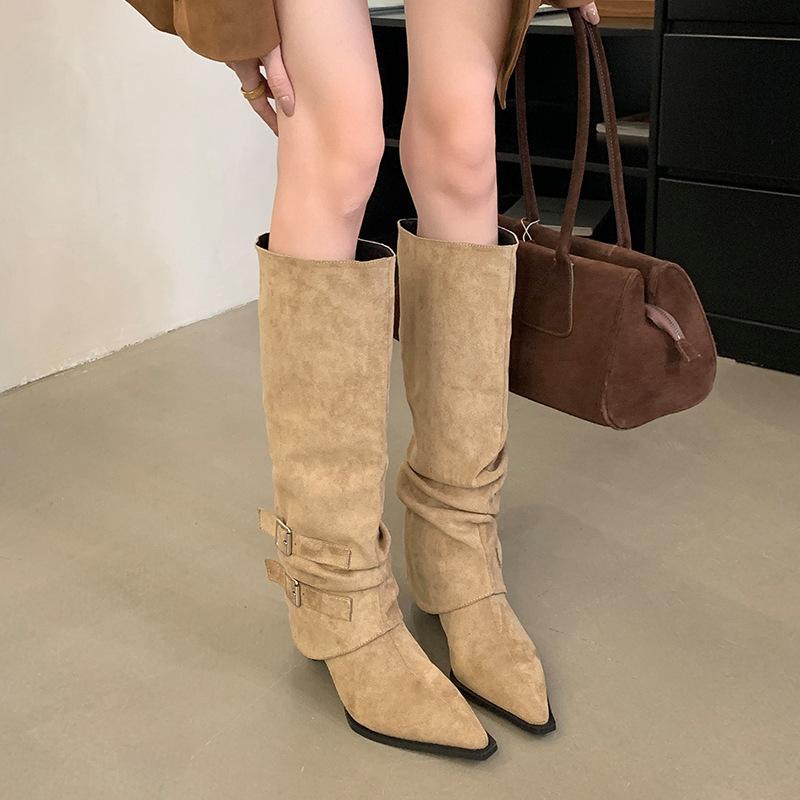 Suede pointed pleated piled boots women's 2025 autumn and winter new removable two-wear thin heel boots high heel short boots