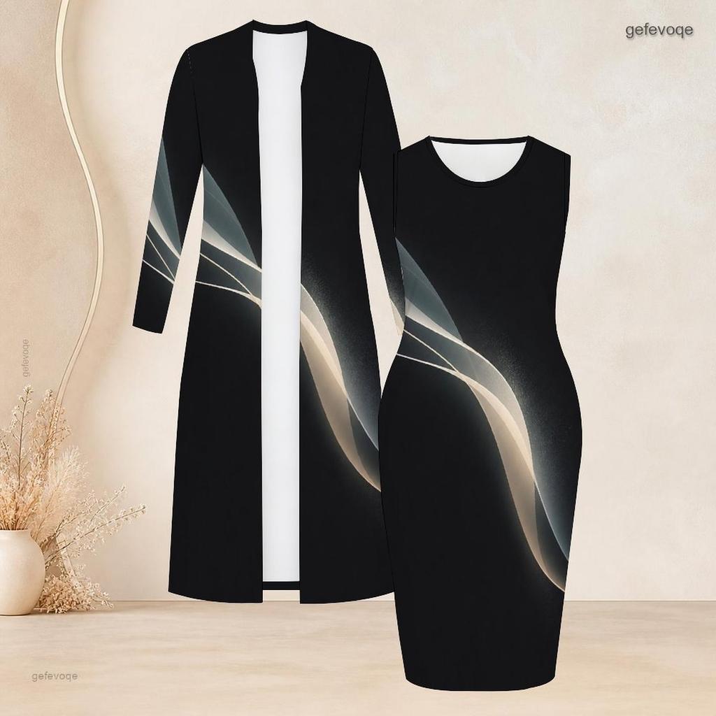 Damen Übergröße Zweiteiliges Outfit Langärmeliger Offener Cardigan Ärmelloses Bodycon Kleid mit Aufdruck