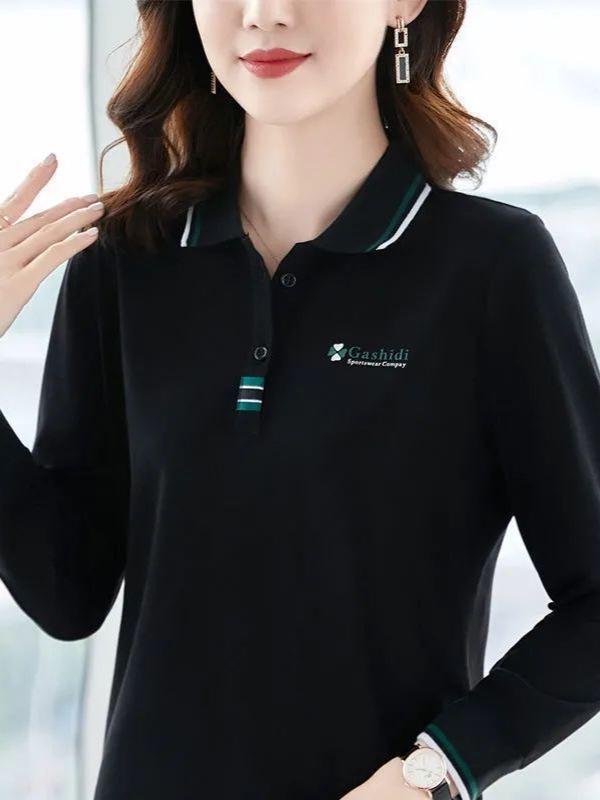 Women's Plus Size Long Sleeve Lapel Polo Shirt - Casual Autumn Top for Middle-Aged Moms
