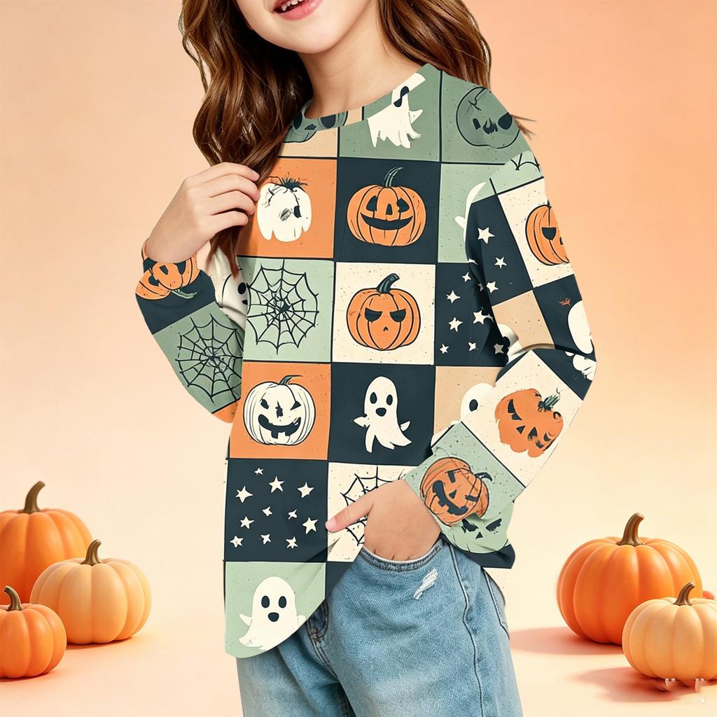 Kids Halloween Print Long Sleeve Neck T-Shirt with Pockets