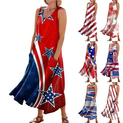 Damen Sommer Casual Fashion Independence Day Bedrucktes ärmelloses Kleid mit Rundhalsausschnitt und Tasche