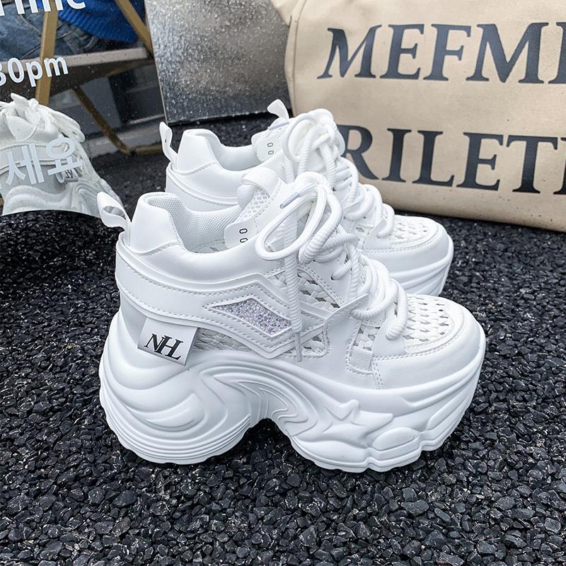 Fashion 9CM New 2025 Chunky Leather Sneakers Summer Casual Vulcanized Shoes Woman High Platform Breathable Mesh Sneakers Sport Dad Shoes