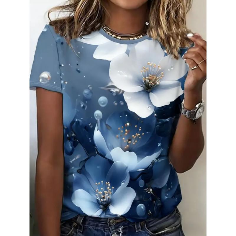 

Fashion Women s Crew Neck T-Shirt 3D Color Printed T-Shirt Flower Short Sleeve XS