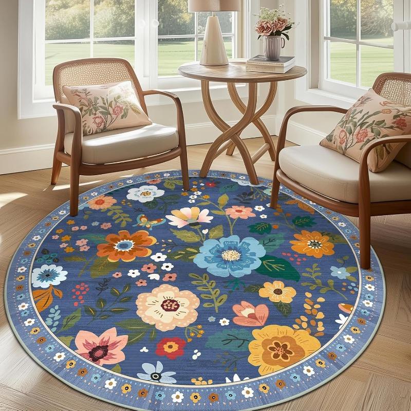 Boho Floral Black Round Area Rug Colorful Folk Art Flower Butterfly Circle Rug for Living Room Bedroom Hallway Decor
