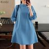 Women Casual Stand Collar Loose 3/4 Sleeve Dress