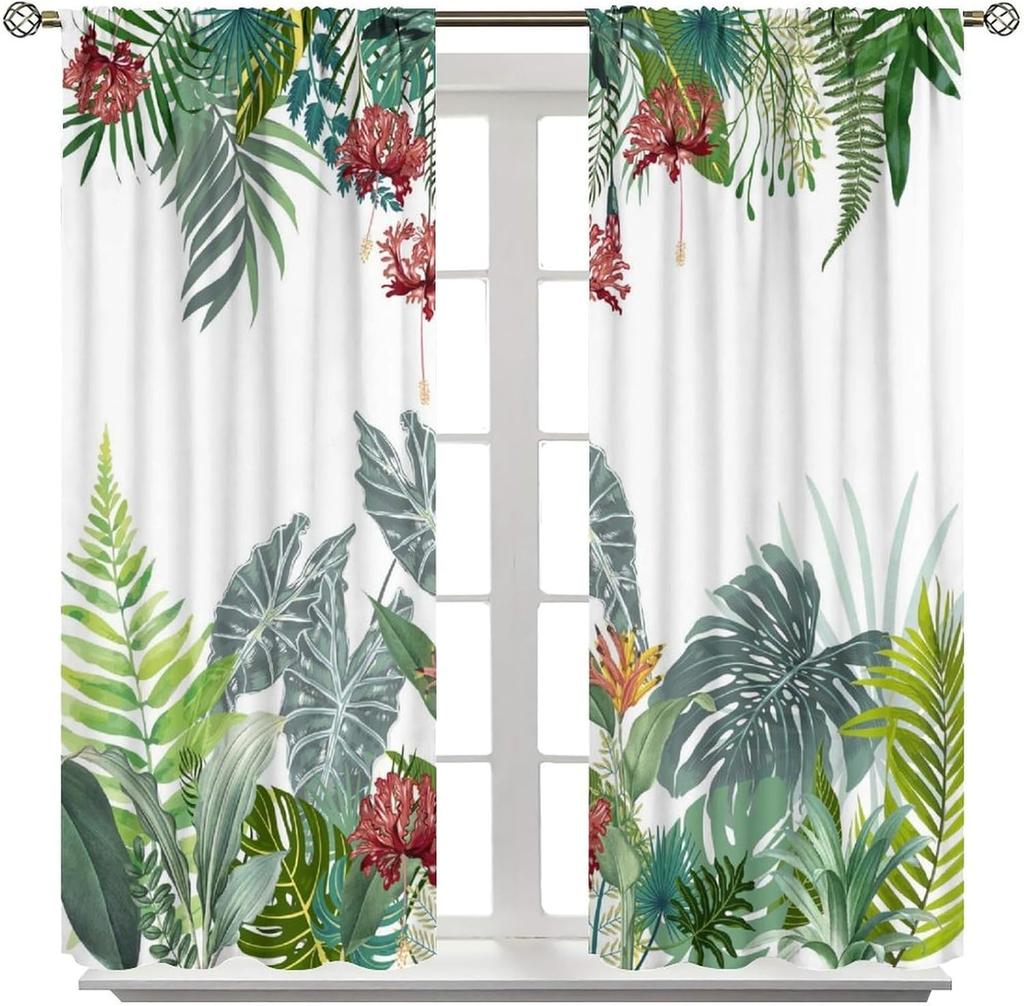 Cortinas Verdes Rústicas con Hojas Verdes Tropicales de Verano Hojas Estética Botánica Estampado Tratamientos de Ventana Cortinas Oscurecimiento de Habitación Poliéster Con Bolsillo para Barra