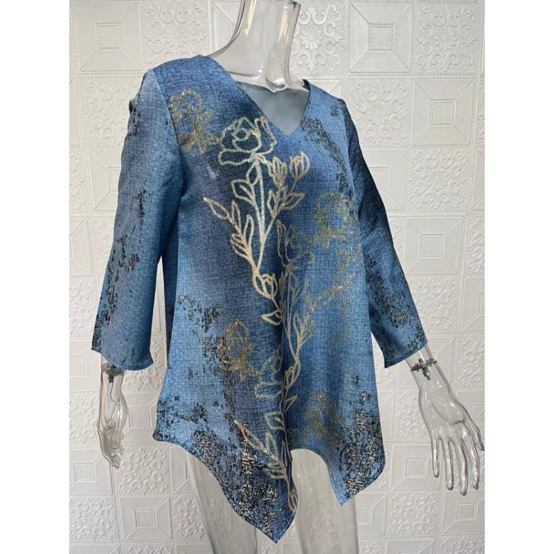 Spring Summer V-neck Printing Fashion Women Blouse New Casual Loose Irregular Top T-shirt Large Size Simple Elegant Office Shirt Women's Clothing