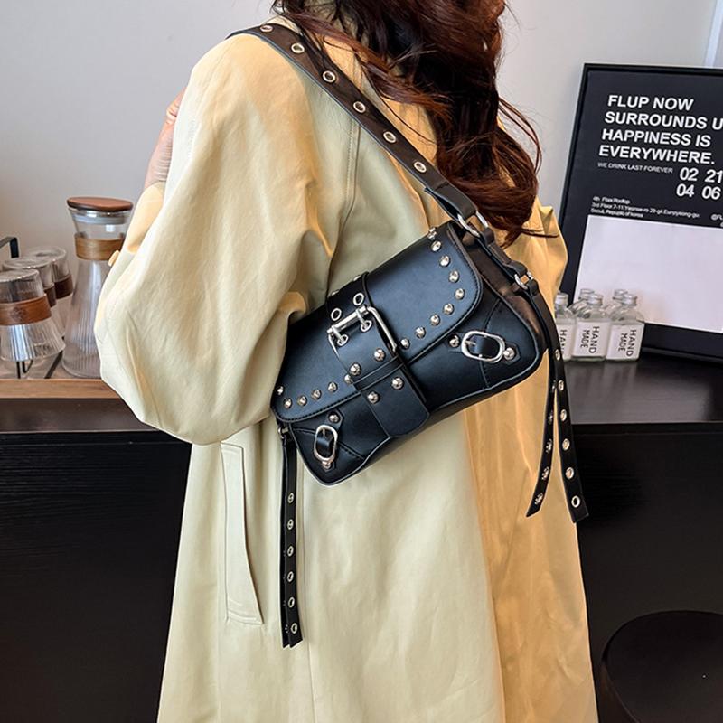 Trendy Punk Style Armpit Bag Large Capacity Underarm Bag Vintage Style Handbag Rivet Design Shoulder Bag For Women