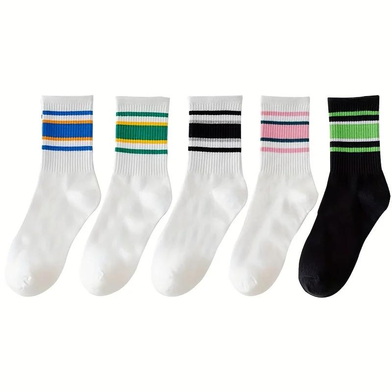 5Pairs Women s Mid-Crew Socks, Striped & Solid Knitted Sports Socks, Warm Winter Socks for Daily Wear One Size