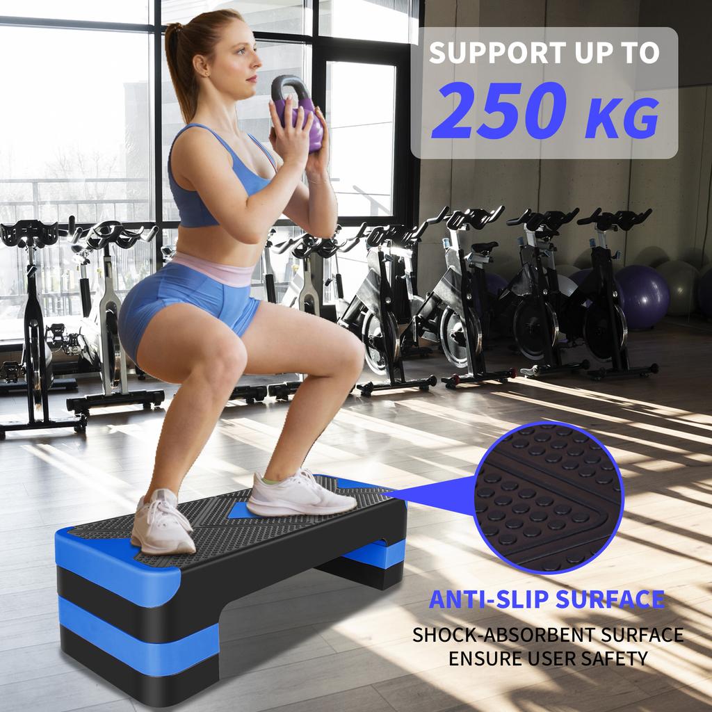 Aerobic Exercise Step Adjustable Stepper Platform for Step Up, 68.5cm/27" Step Deck with 10cm/4",15cm/6",20cm/8" Adjustable Height Risers (Blue)