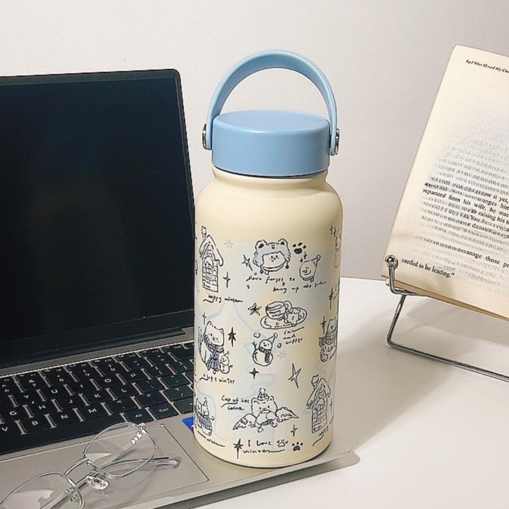 Portable Bowknot Insulated Cup 900ml Blue Vacuum Water Bottle Black Stainless Steel Thermal Car Cup