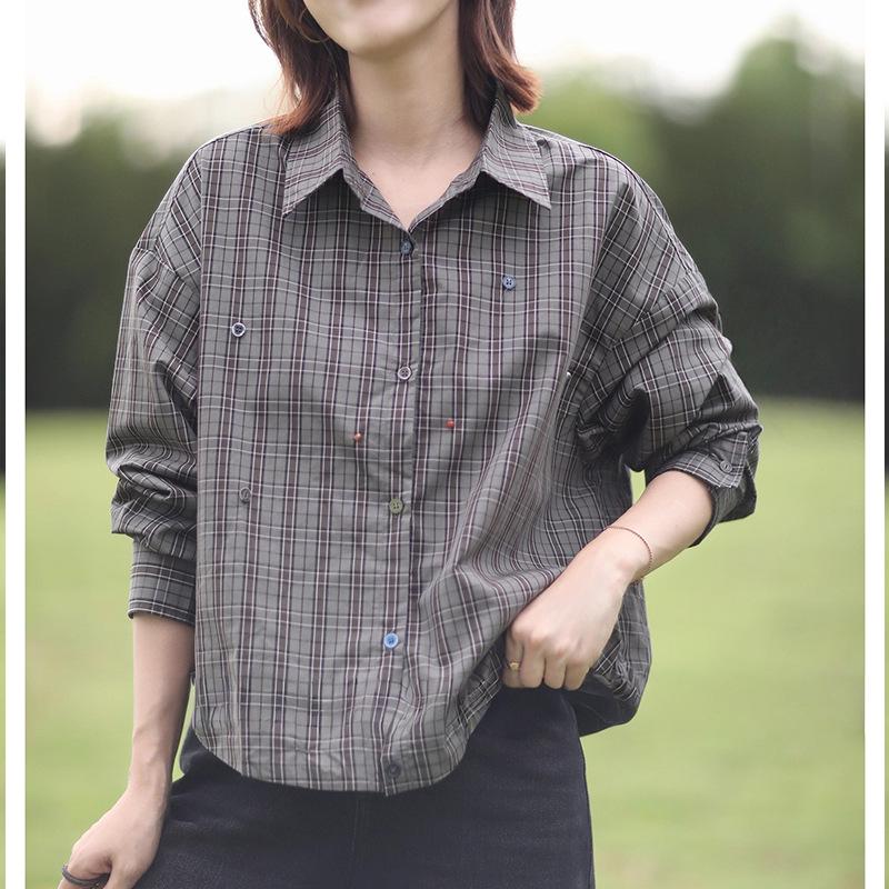 Women's Retro Plaid Color Block Button-Down Long Sleeve Shirt - 2025 Autumn/Winter Loose Fit Slimming Casual Top