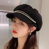 Octagonal Hat for Women Autumn and Winter Internet Celebrity  Small Duck Tongue Navy Hat Pearl Chain Design Beret