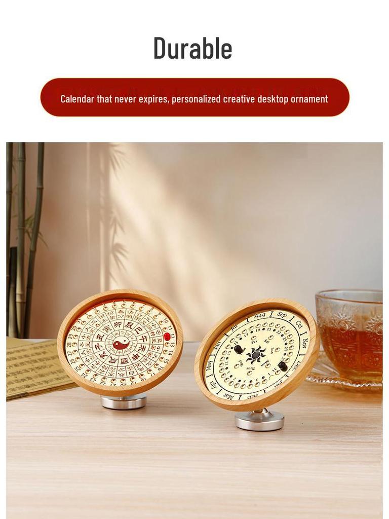 Adjustable Wooden Sundial Perpetual Calendar, Desktop Ornament and Timer for Home or Office Decor