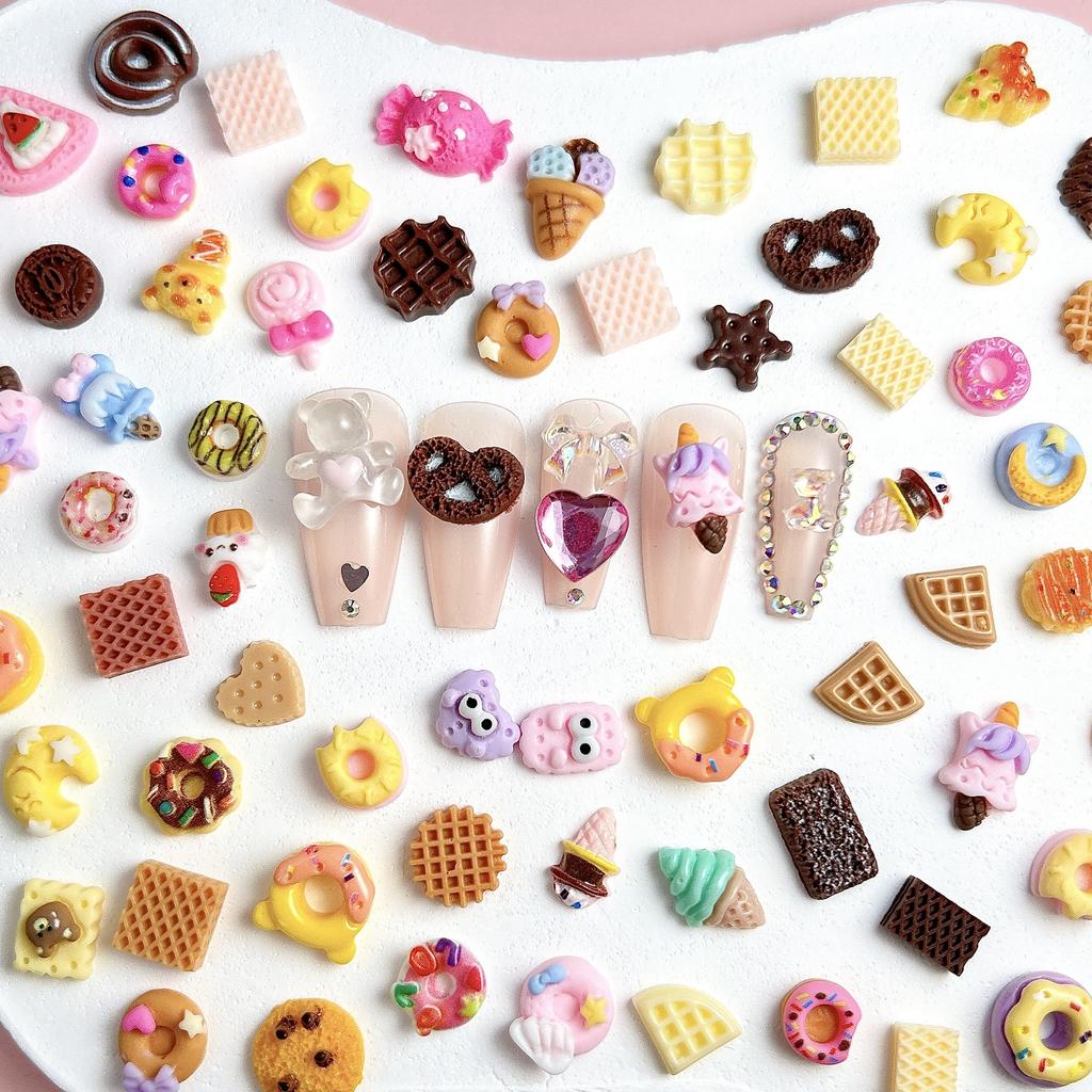 Random Mixed Cartoon Food Play Biscuits Donuts Chocolate Resin Nail Art DIY Cream Glue Hair Clips Mixed