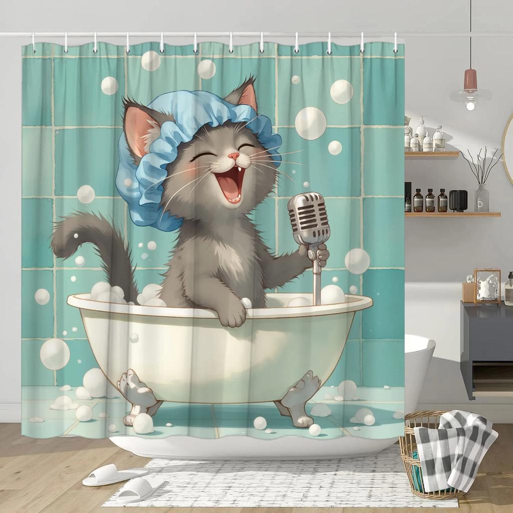 1pc Anthropomorphic Cat Shower Curtain - Singing in Bathtub, Retro Microphone Design, Polyester, Fashionable Bathroom Decor