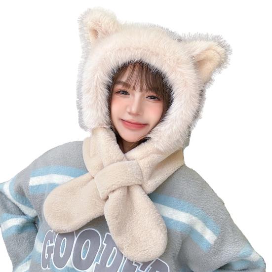 

Зимняя утолщенная шапка Yousheng, шарф с украшением в виде лисьих ушей, супермягкая ветрозащитная милая модная уличная зимняя теплая шапка бежевый