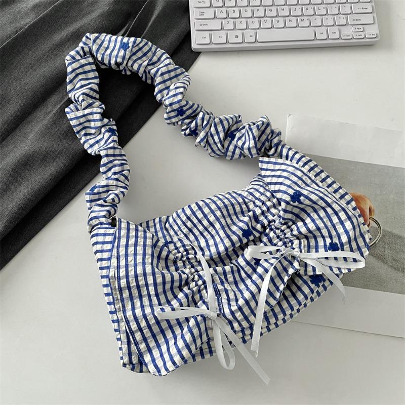 

Korean pleated clamshell portable shoulder bag blue and white striped bow women s commuter largecapacity messenger bag