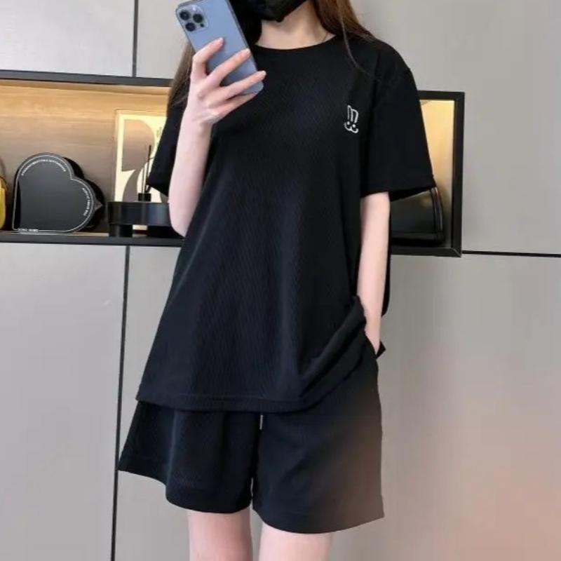 Casual Short Sleeved Shorts Set for Women's Solid Simple Loose Elastic Waist Tracksuit Thin Korean Loose Two-piece Trendy Set