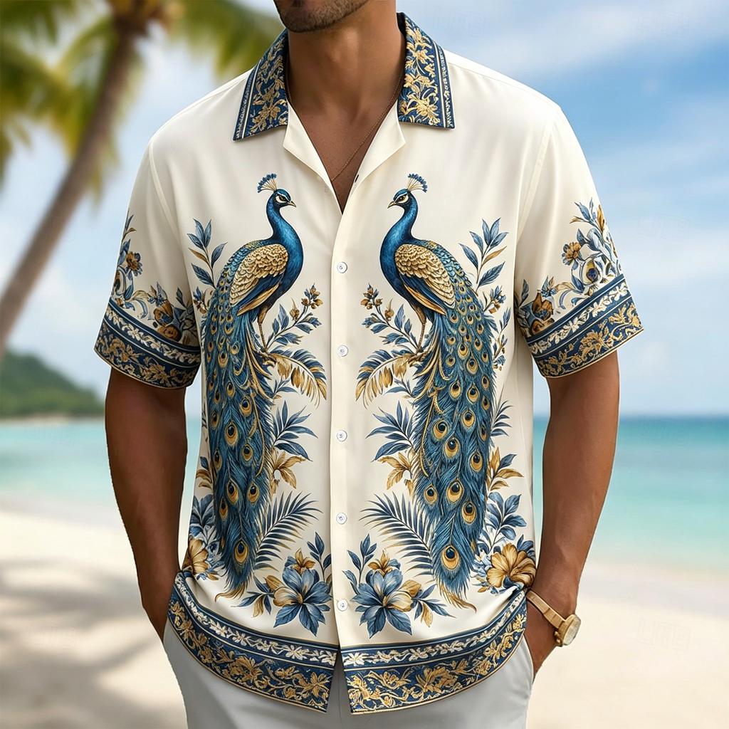Men's Flamingo Print Short Sleeve Shirt, Casual Collar Tops, Tropical Palm Leaf Style For Spring & Summer