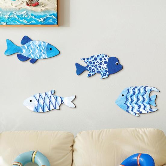 4Pcs Vintage Beach Wall Decor Nautical Coastal Wooden Fish Wall Art Ocean Style Fish Sculpture Lake House Hanging Decoration for Bathroom Bedroom