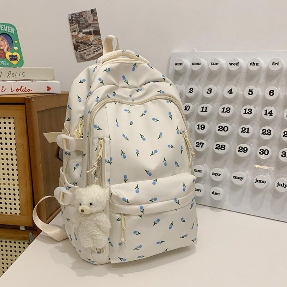 Multi-compartment Bow Pattern School Bag Multi-pocket Rucksack Floral Print Backpack Travel