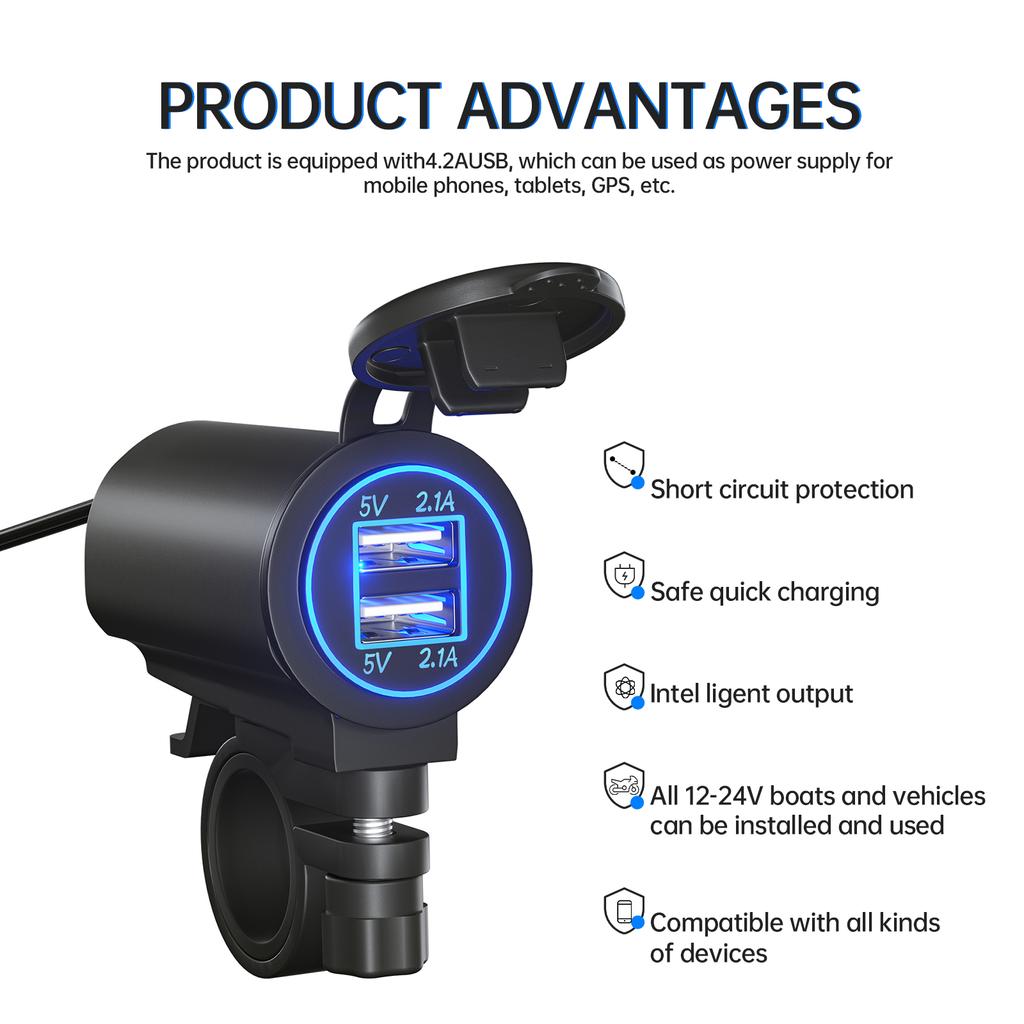 Motorcycle Dual USB Charger Waterproof Cell 4.2A Quick Charger Autocycle USB Socket With Voltmeter Accessories Dual Aperture