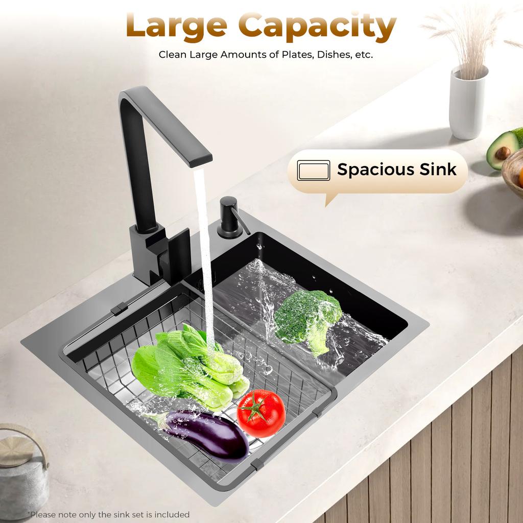 16x12 Inch Stainless Steel Kitchen Sink – 201 Stainless Steel with Nano Coating – Complete Set with Faucet, Soap Dispenser & Drain Basket – Black/Grey