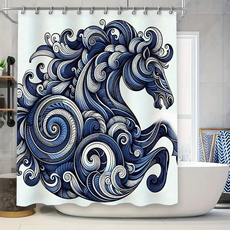Beautiful Hand-Drawn Blue Floral Pattern Shower Curtain for Bathroom Decoration Modern White Ceramic Bathtub Background Size72 x 90x180cm